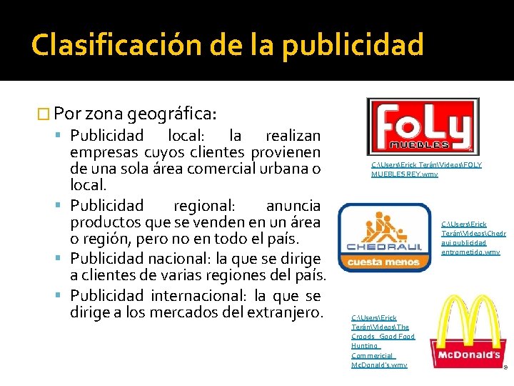 Clasificación de la publicidad � Por zona geográfica: Publicidad local: la realizan empresas cuyos