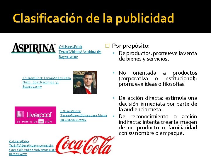 Clasificación de la publicidad C: UsersErick TeránVideosAspirina de Bayer. wmv � C: UsersErick TeránVideosPeña