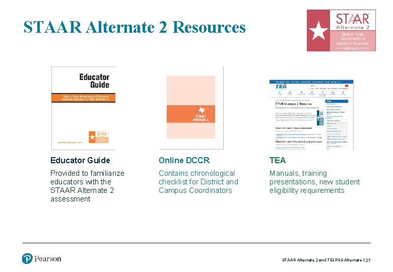 STAAR Alternate 2 Resources Educator Guide Online DCCR TEA Provided to familiarize educators with