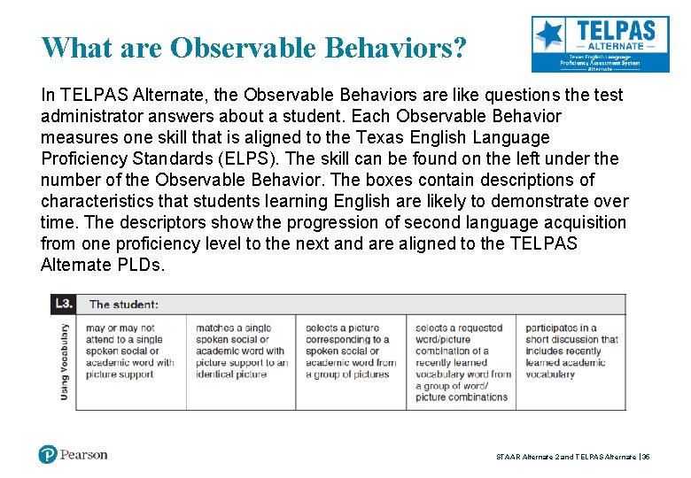 What are Observable Behaviors? In TELPAS Alternate, the Observable Behaviors are like questions the