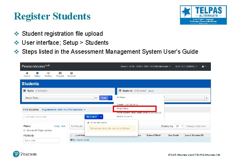 Register Students v Student registration file upload v User interface; Setup > Students v