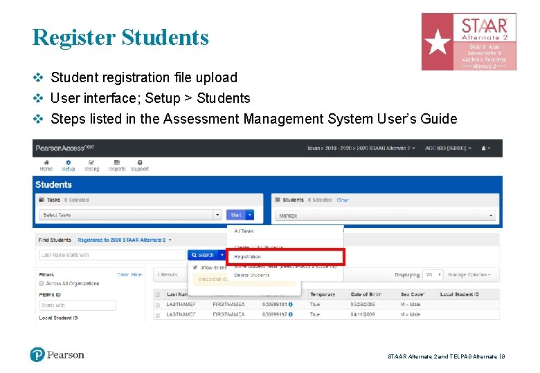 Register Students v Student registration file upload v User interface; Setup > Students v
