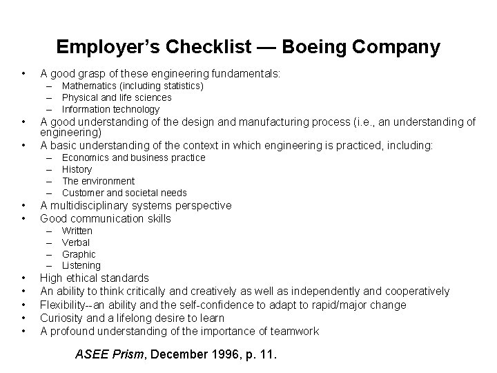 Employer’s Checklist — Boeing Company • A good grasp of these engineering fundamentals: –