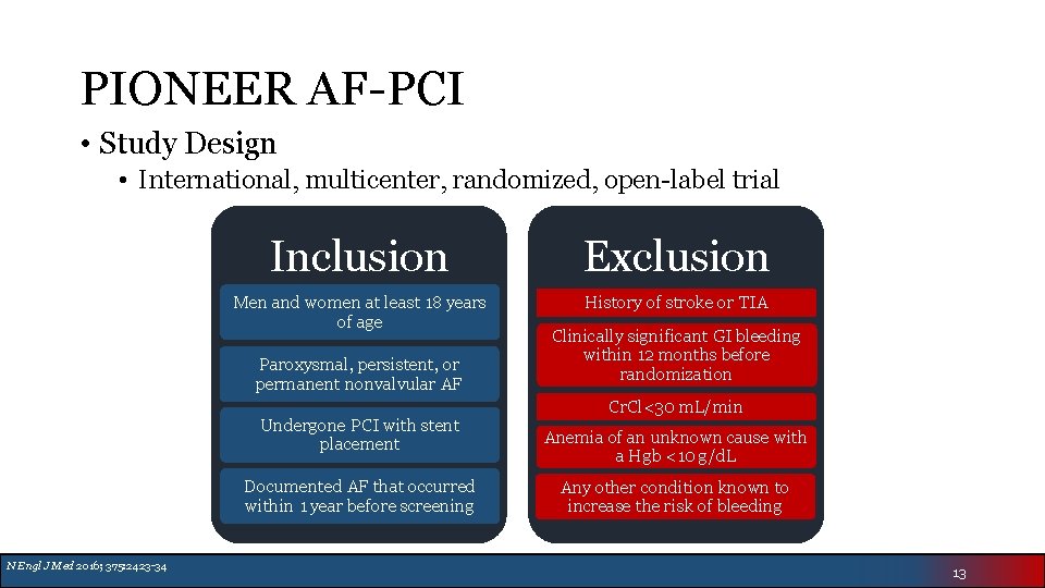 PIONEER AF-PCI • Study Design • International, multicenter, randomized, open-label trial Inclusion Exclusion Men