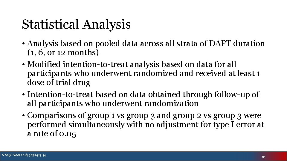 Statistical Analysis • Analysis based on pooled data across all strata of DAPT duration