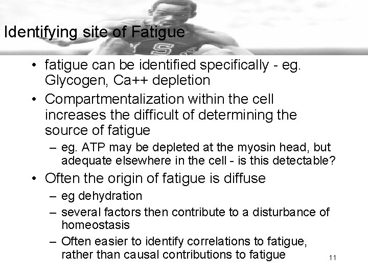 Identifying site of Fatigue • fatigue can be identified specifically - eg. Glycogen, Ca++