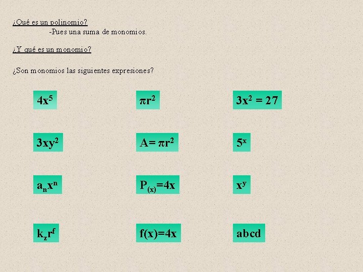 ¿Qué es un polinomio? -Pues una suma de monomios. ¿Y qué es un monomio?