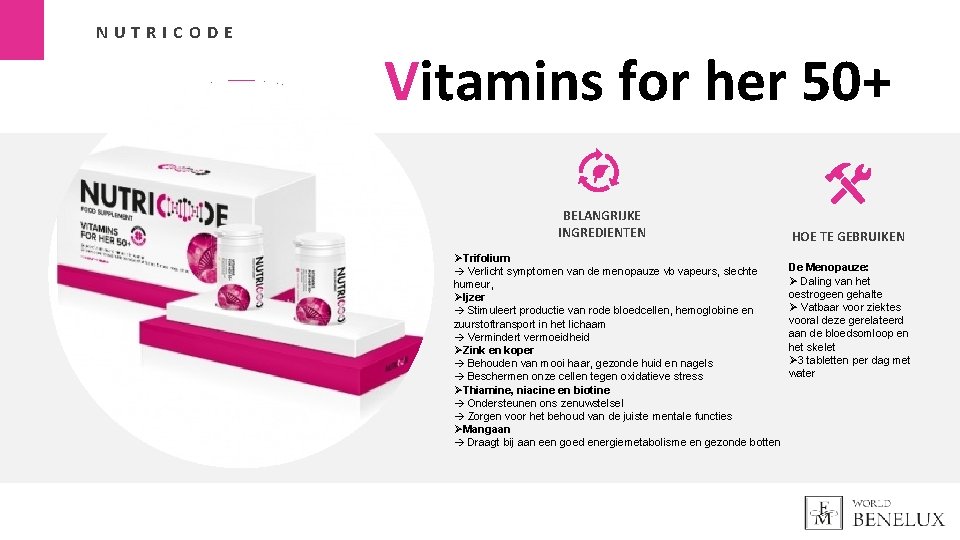 NUTRICODE Vitamins for her 50+ BELANGRIJKE INGREDIENTEN ØTrifolium Verlicht symptomen van de menopauze vb