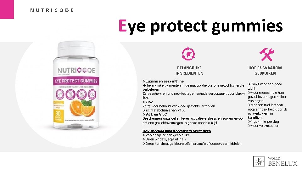 NUTRICODE Eye protect gummies BELANGRIJKE INGREDIENTEN ØLuteïne en zeaxanthine belangrijke pigmenten in de macula