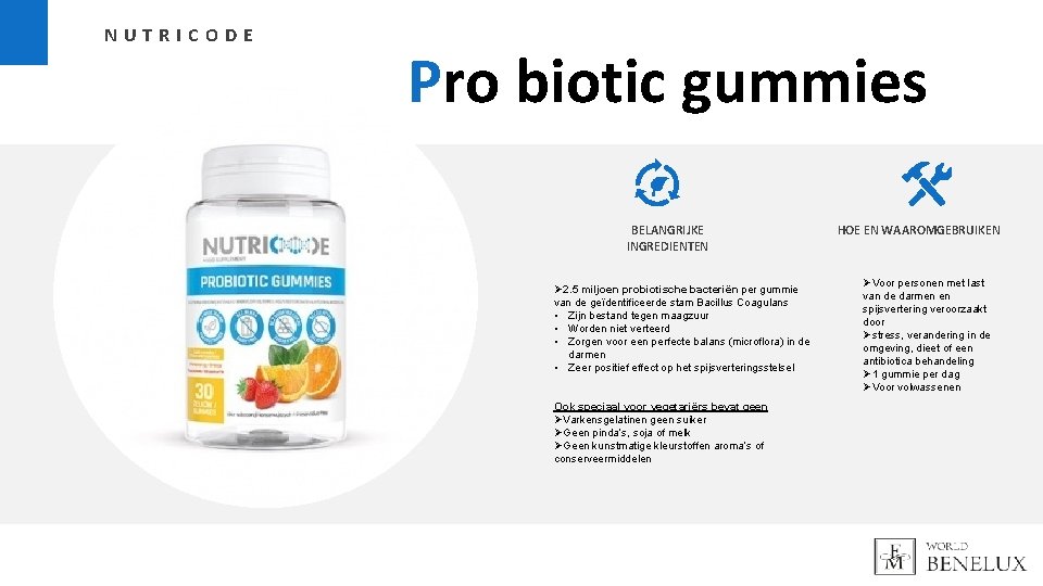 NUTRICODE Pro biotic gummies BELANGRIJKE INGREDIENTEN Ø 2. 5 miljoen probiotische bacteriën per gummie