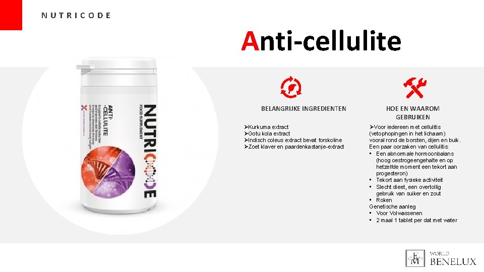 NUTRICODE Anti-cellulite BELANGRIJKE INGREDIENTEN ØKurkuma extract ØGotu kola extract ØIndisch coleus extract bevat forskoline