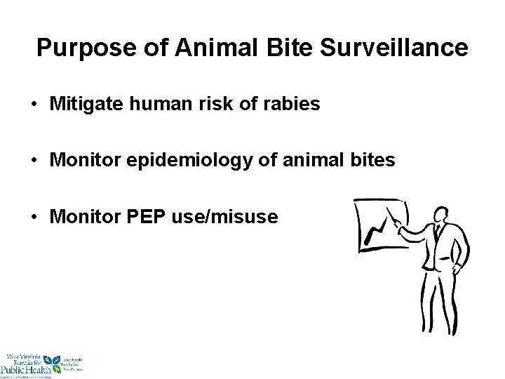Purpose of Animal Bite Surveillance • Mitigate human risk of rabies • Monitor epidemiology