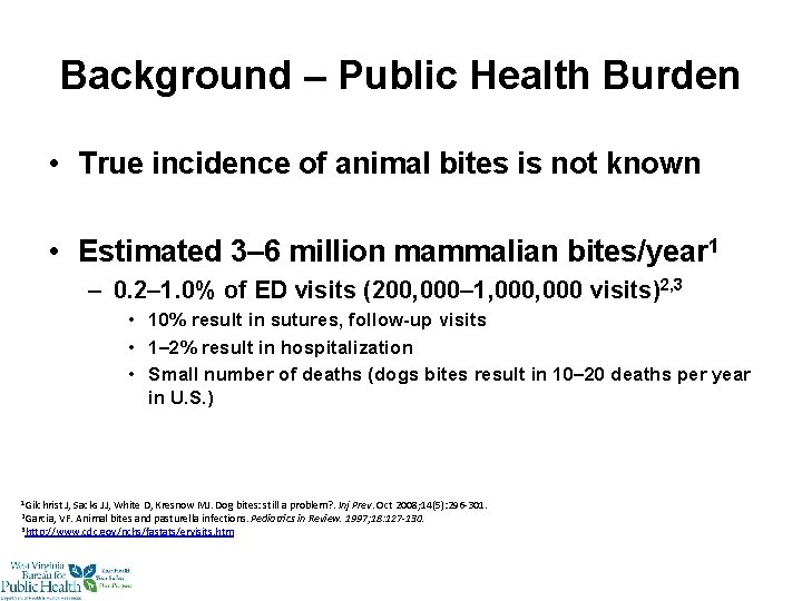 Background – Public Health Burden • True incidence of animal bites is not known