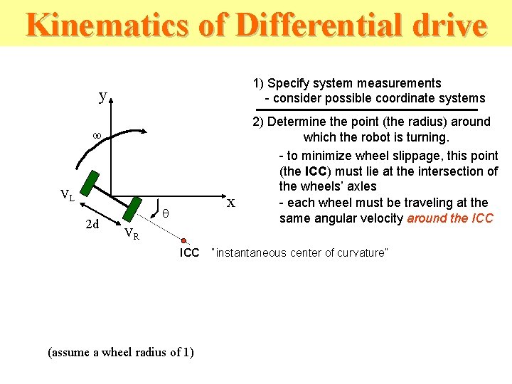 Kinematics of Differential drive 1) Specify system measurements - consider possible coordinate systems y