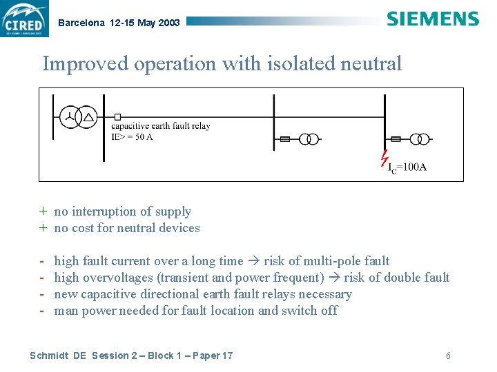 Barcelona 12 -15 May 2003 Improved operation with isolated neutral + no interruption of