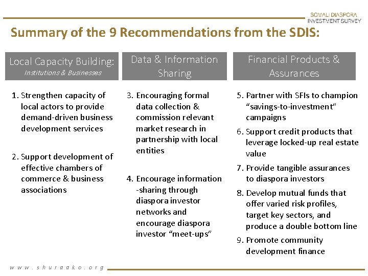 Summary of the 9 Recommendations from the SDIS: Local Capacity Building: Data & Information