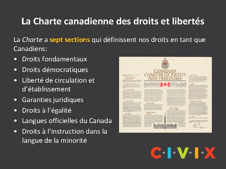 La Charte canadienne des droits et libertés La Charte a sept sections qui définissent