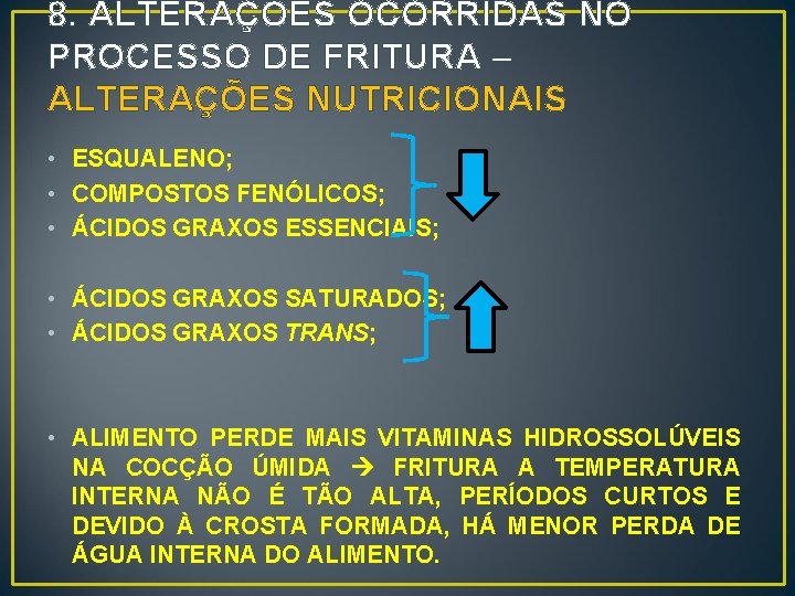 8. ALTERAÇÕES OCORRIDAS NO PROCESSO DE FRITURA – ALTERAÇÕES NUTRICIONAIS • ESQUALENO; • COMPOSTOS