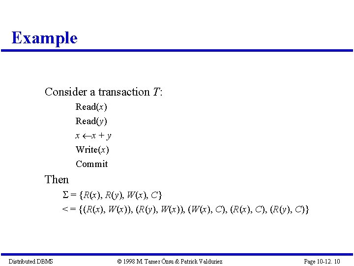 Example Consider a transaction T: Read(x) Read(y) x x + y Write(x) Commit Then