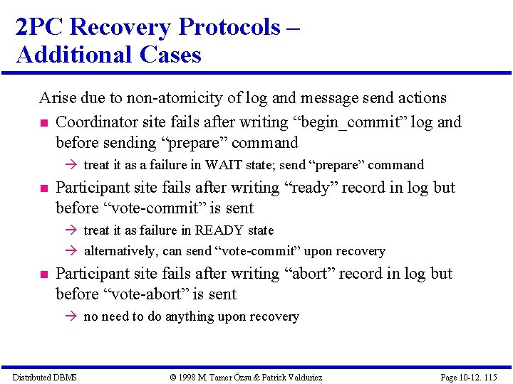 2 PC Recovery Protocols – Additional Cases Arise due to non-atomicity of log and