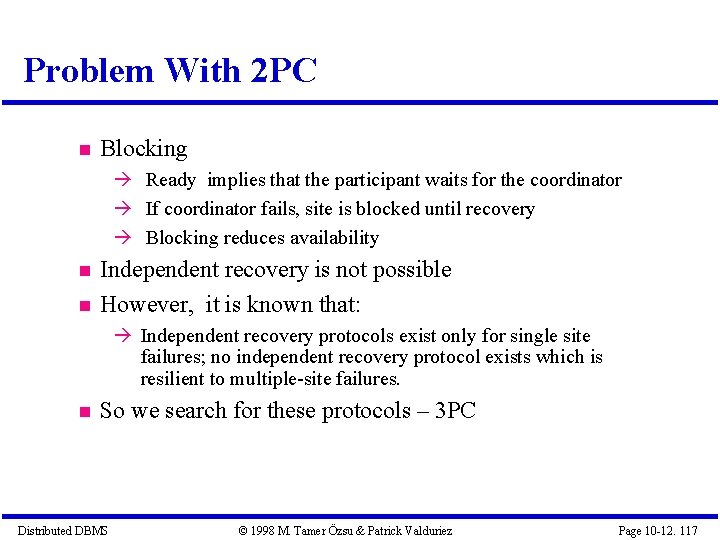 Problem With 2 PC Blocking Ready implies that the participant waits for the coordinator