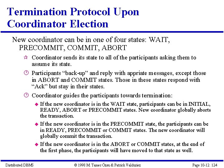 Termination Protocol Upon Coordinator Election New coordinator can be in one of four states: