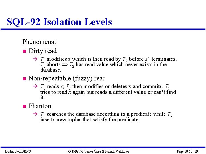 SQL-92 Isolation Levels Phenomena: Dirty read T 1 modifies x which is then read