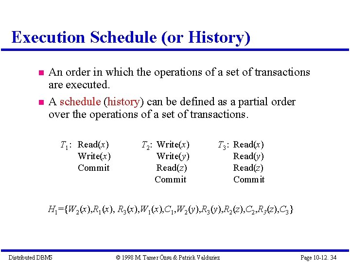 Execution Schedule (or History) An order in which the operations of a set of