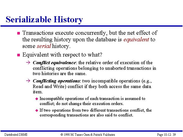 Serializable History Transactions execute concurrently, but the net effect of the resulting history upon