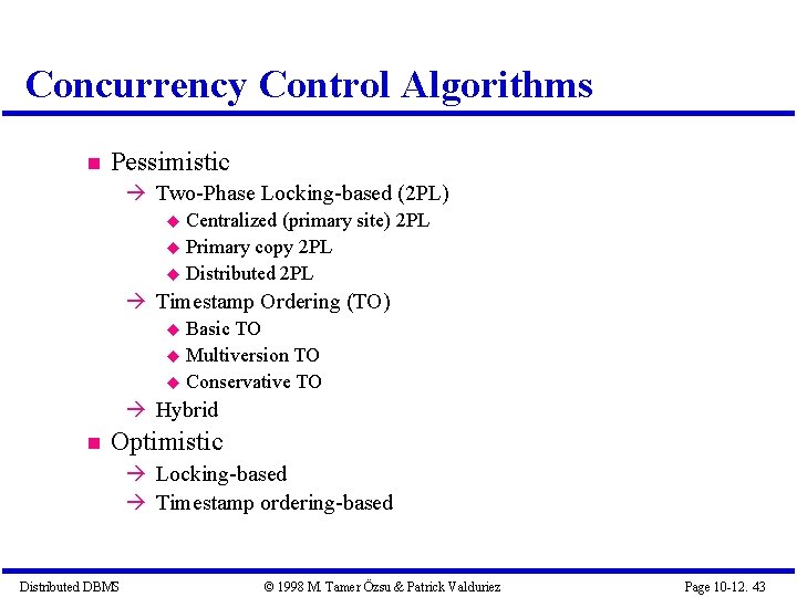 Concurrency Control Algorithms Pessimistic Two-Phase Locking-based (2 PL) Centralized (primary site) 2 PL Primary