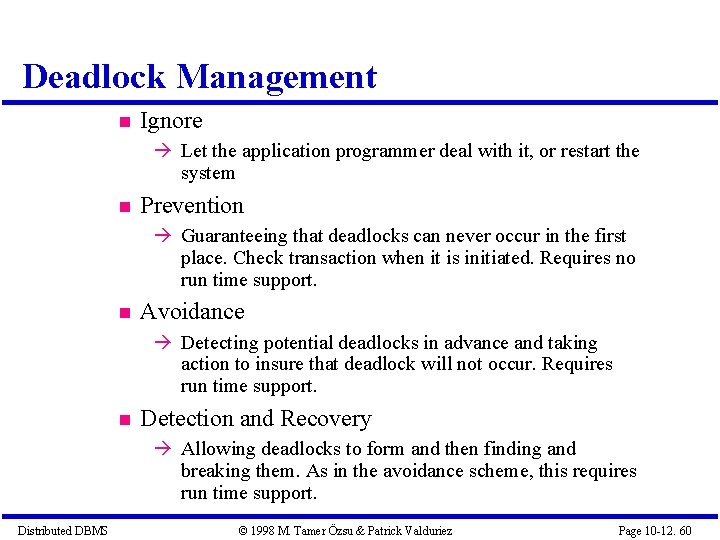 Deadlock Management Ignore Let the application programmer deal with it, or restart the system