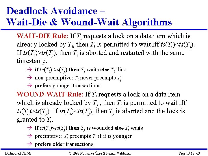 Deadlock Avoidance – Wait-Die & Wound-Wait Algorithms WAIT-DIE Rule: If Ti requests a lock