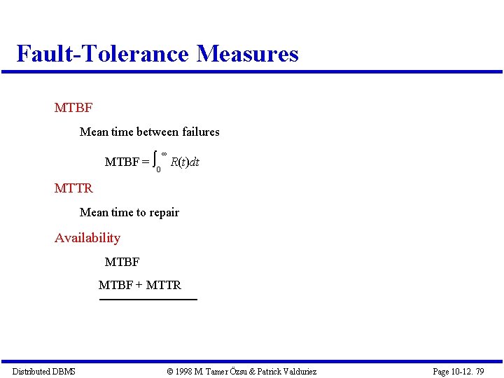 Fault-Tolerance Measures MTBF Mean time between failures MTBF = R(t)dt ∞ MTTR Mean time
