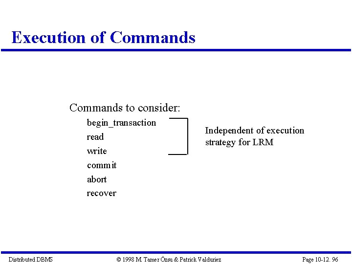 Execution of Commands to consider: begin_transaction read write commit abort recover Distributed DBMS Independent