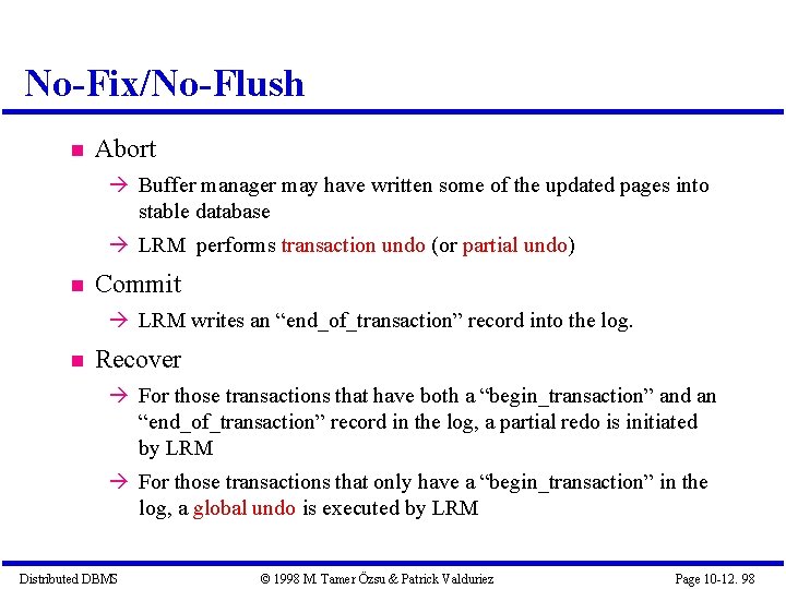 No-Fix/No-Flush Abort Buffer manager may have written some of the updated pages into stable