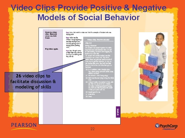 Video Clips Provide Positive & Negative Models of Social Behavior 26 video clips to