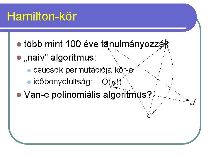 Hamilton-kör l több mint 100 éve tanulmányozzák l „naív” algoritmus: csúcsok permutációja kör-e l