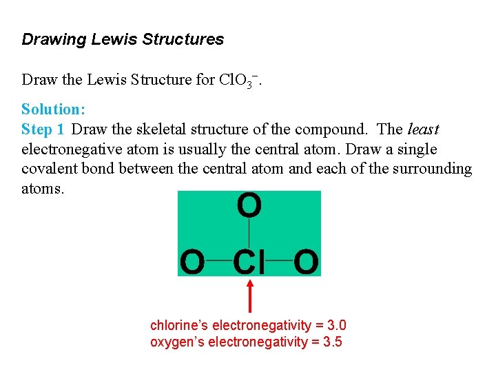 Drawing Lewis Structures Draw the Lewis Structure for Cl. O 3−. Solution: Step 1