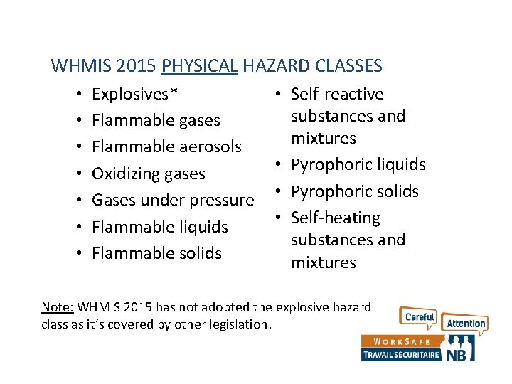 WHMIS 2015 PHYSICAL HAZARD CLASSES • • Explosives* Flammable gases Flammable aerosols Oxidizing gases