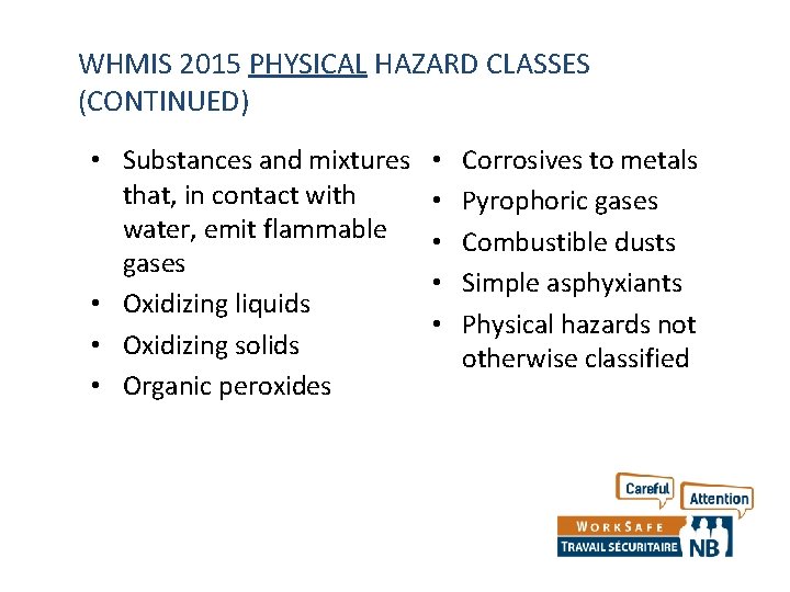 WHMIS 2015 PHYSICAL HAZARD CLASSES (CONTINUED) • Substances and mixtures that, in contact with