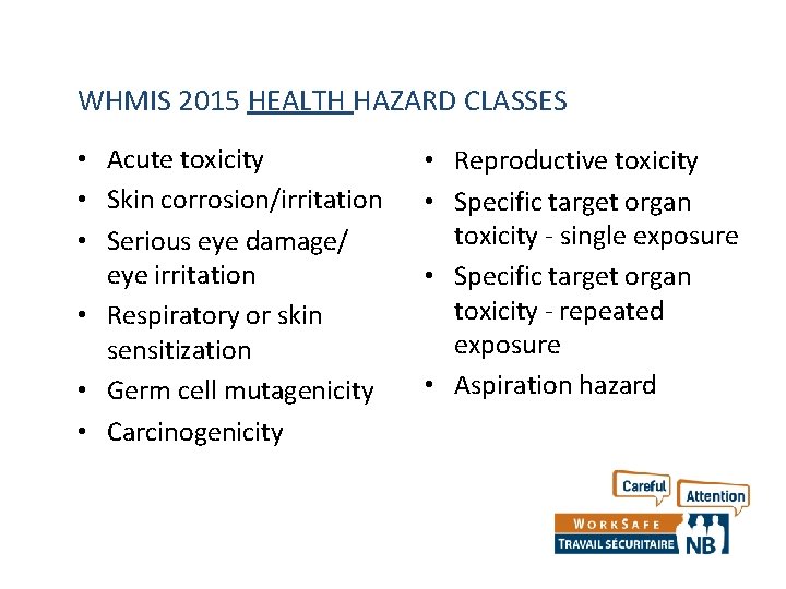 WHMIS 2015 HEALTH HAZARD CLASSES • Acute toxicity • Skin corrosion/irritation • Serious eye WHMIS 2015 HEALTH HAZARD CLASSES • Acute toxicity • Skin corrosion/irritation • Serious eye
