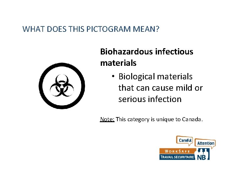 WHAT DOES THIS PICTOGRAM MEAN? Biohazardous infectious materials • Biological materials that can cause WHAT DOES THIS PICTOGRAM MEAN? Biohazardous infectious materials • Biological materials that can cause