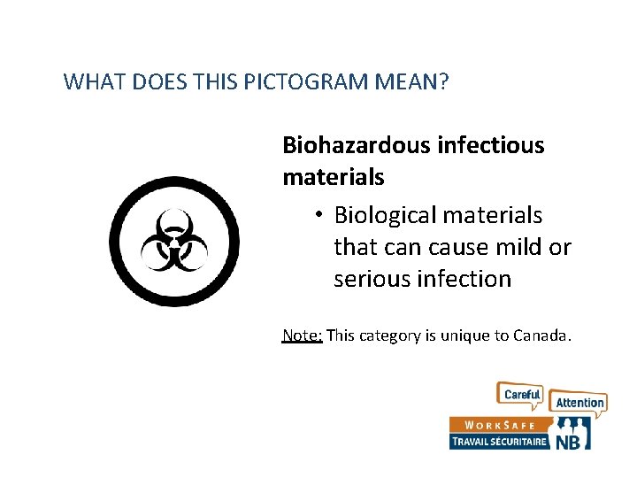 WHAT DOES THIS PICTOGRAM MEAN? Biohazardous infectious materials • Biological materials that can cause