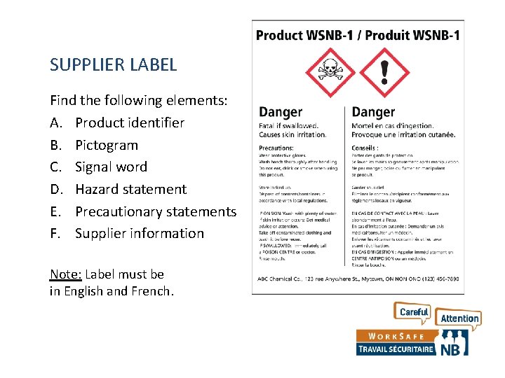 SUPPLIER LABEL Find the following elements: A. Product identifier B. Pictogram C. Signal word SUPPLIER LABEL Find the following elements: A. Product identifier B. Pictogram C. Signal word