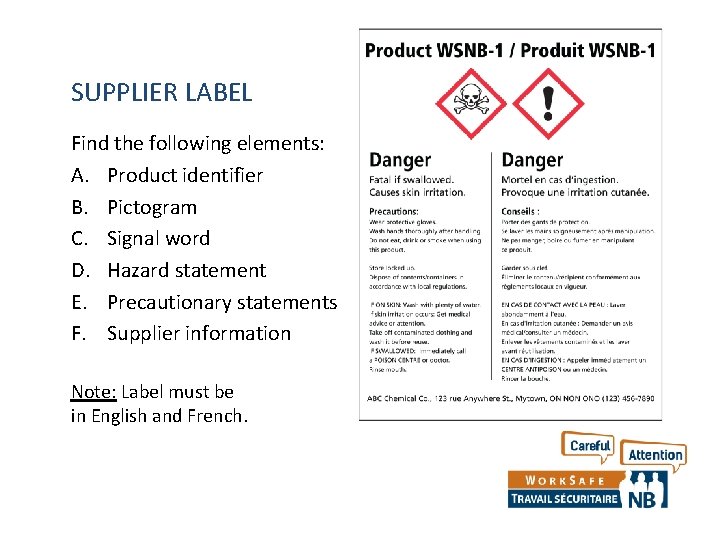 SUPPLIER LABEL Find the following elements: A. Product identifier B. Pictogram C. Signal word