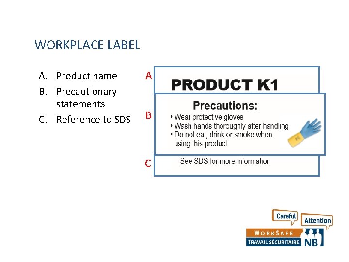 WORKPLACE LABEL A. Product name B. Precautionary statements C. Reference to SDS A B