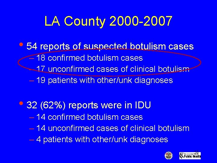 LA County 2000 -2007 • 54 reports of suspected botulism cases – 18 confirmed