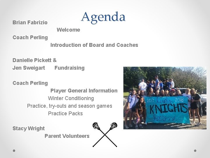 Agenda Brian Fabrizio Welcome Coach Perling Introduction of Board and Coaches Danielle Pickett &