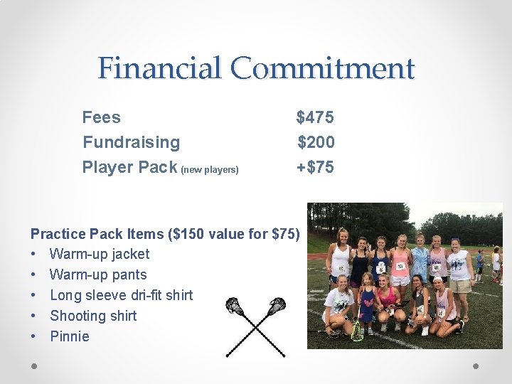 Financial Commitment Fees Fundraising Player Pack (new players) $475 $200 +$75 Practice Pack Items