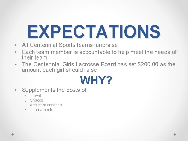 EXPECTATIONS • All Centennial Sports teams fundraise • Each team member is accountable to